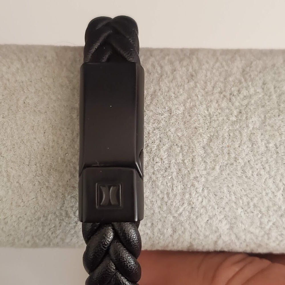 JCM Mens Braided Black Faux Leather Bracelet‎ Brass Clasp Logo Matte Finish
